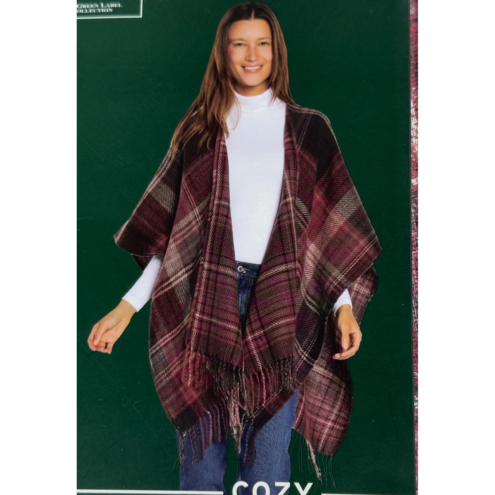Woolrich‎ Womens Poncho Blanket Wrap Burgundy Plaid Fringe One Size Fits All